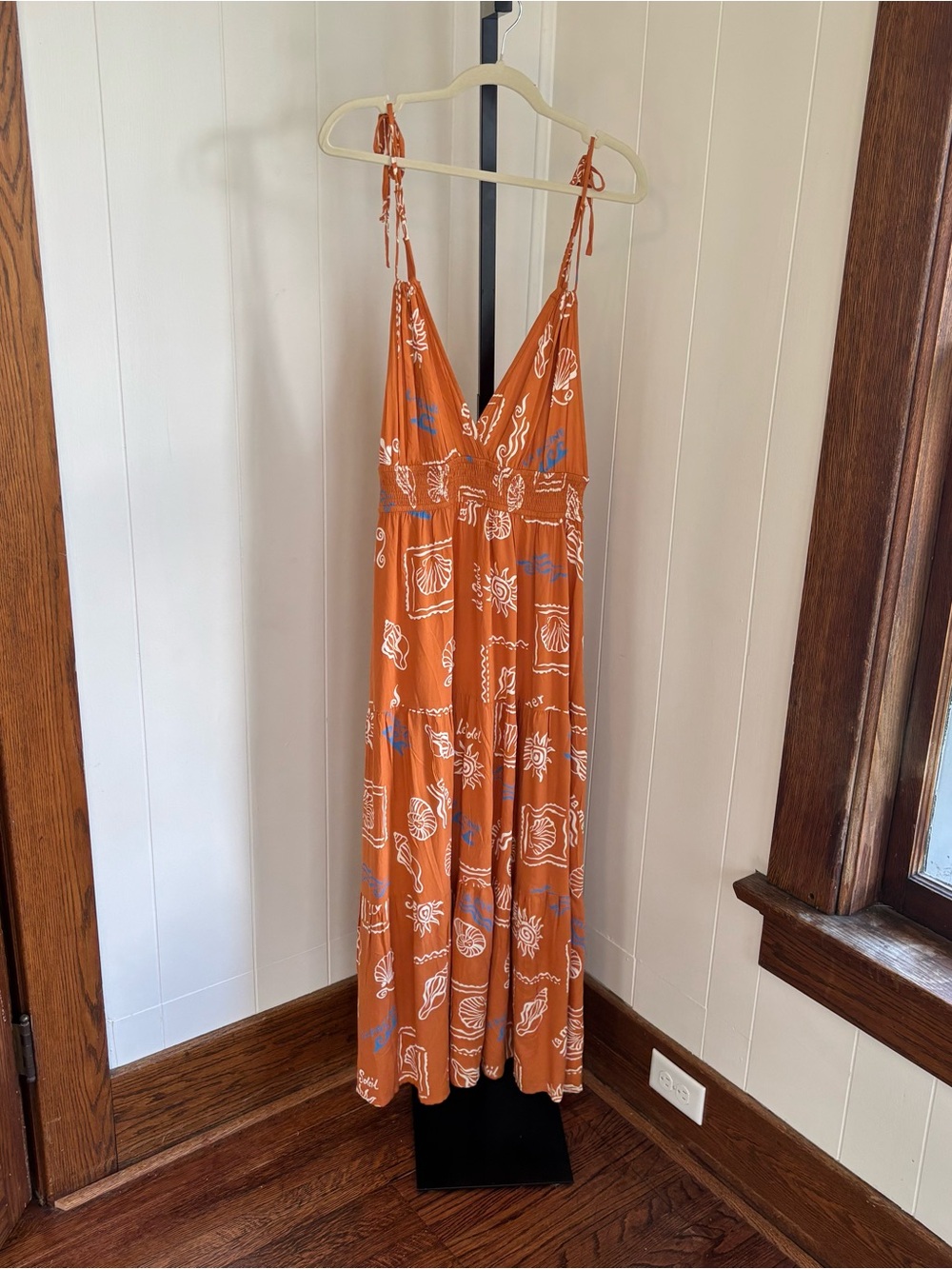Patrons of Peace Seashell Print Boho V-Neck Maxi Dress Orange Womens S NWT